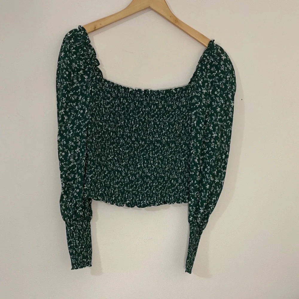 Reformation Pinto Green Floral Smocked Top Blouse XS Romantic Sheer Coquette